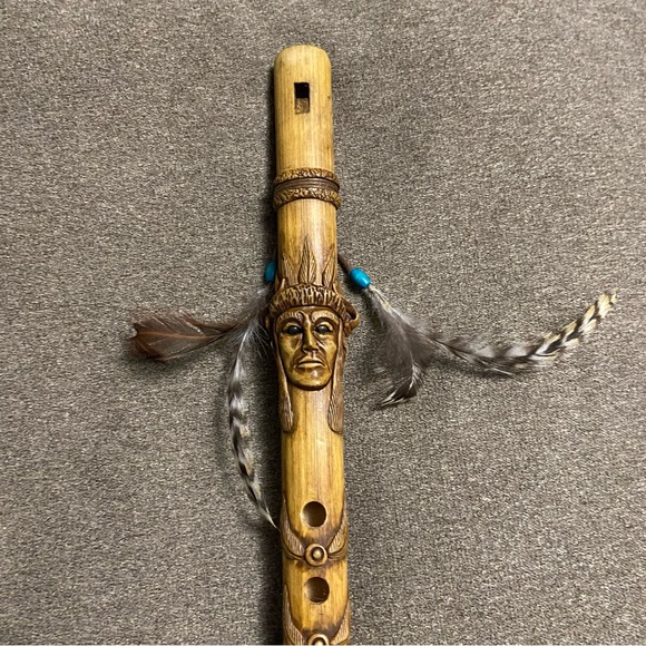 Vintage Hand Carved Wooden Flute with Leather Ties Feathers & Turquoise Beads - Picture 15 of 16